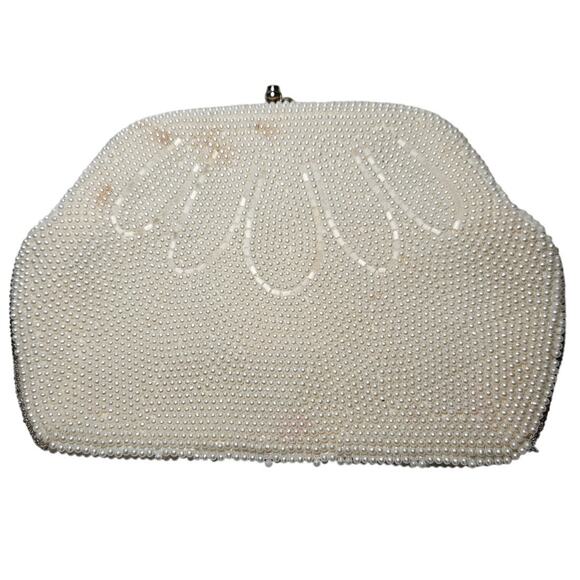 Vintage Unbranded White Beaded Clutch Handbag Retro Formal Evening Bag Seed Bead - Picture 1 of 8